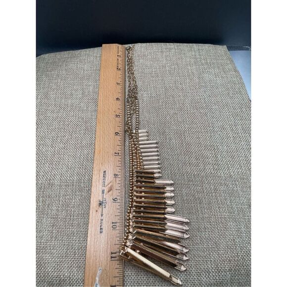 Modernist Gold Spike Geometric Bib Statement Runway Necklace Double Chain - Picture 6 of 9